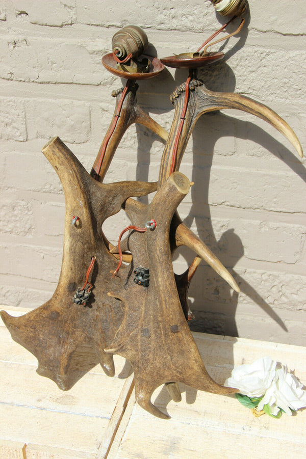 PAIR vintage 1970 hunt cabin Deer antler Sconces wall lights opaline shades