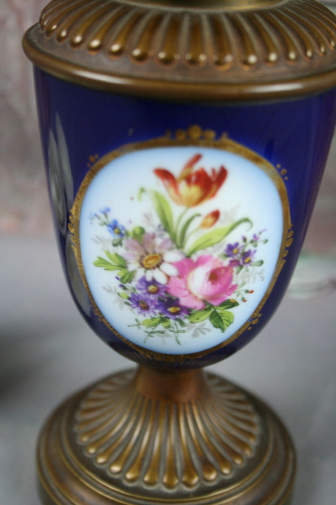 Antique French  porcelain Table lamp romantic victorian scene flowers