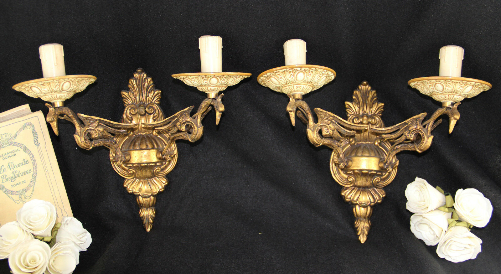 PAIR antique French brass Phoenix bird mythological Wall lights sconces rare