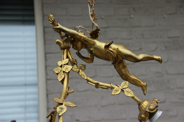 Antique French Bronze Winged putti angel figurine chandelier pendant lamp 3 arm