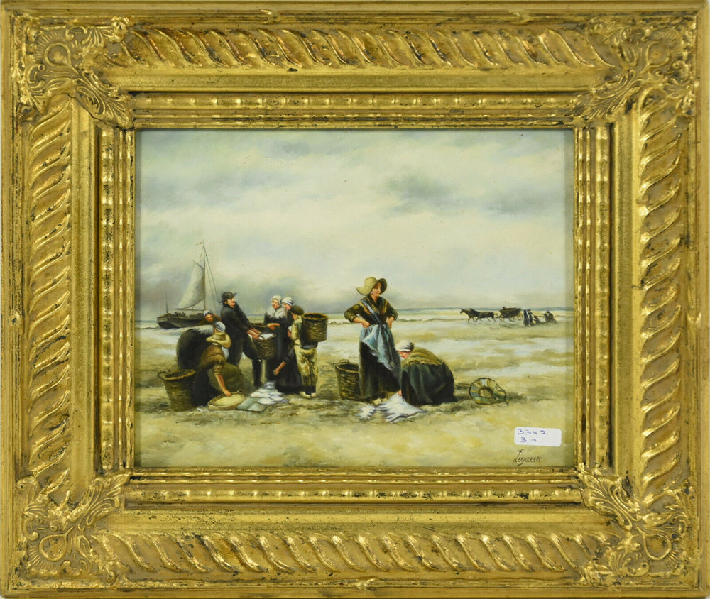 French oil panel painting Fishermen beach sea signed 1930s