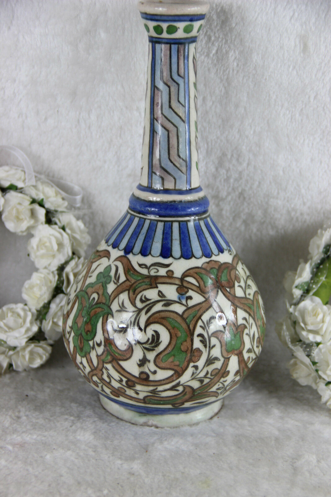 18Thc Persian Islamic Faience Rare Superb Bottle Neck Painted Vase