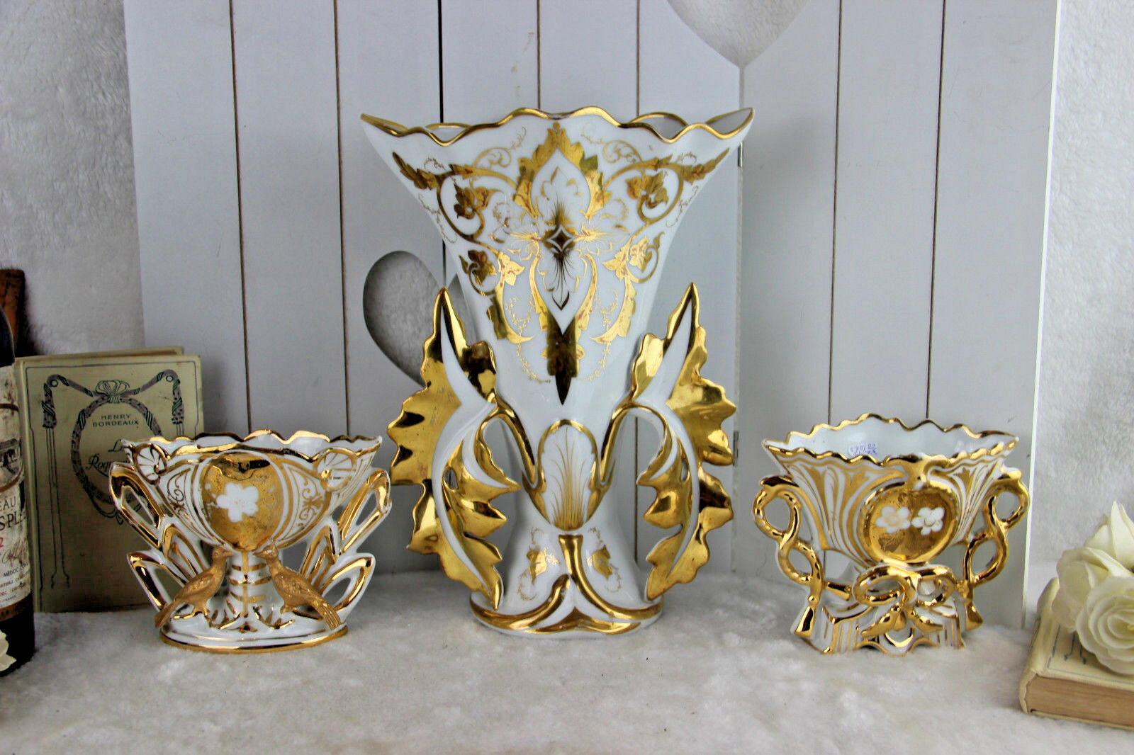 SET Vieux brussels porcelain Gold gilt Vases birds floral