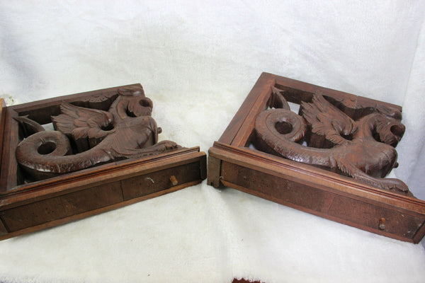 PAIR large gothic dragon Griffin wood carved statue figurines hunting cabinet