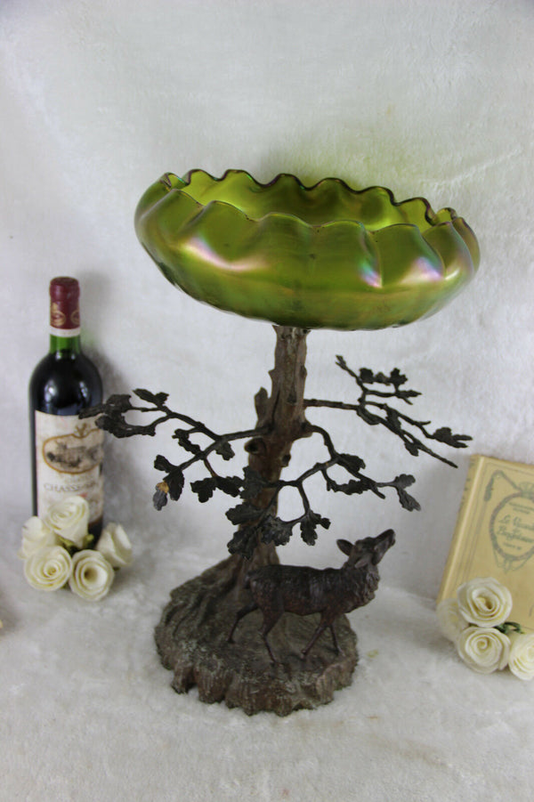 Antique Art nouveau center bowl tree green iridescent glass Vase attr. LOETZ