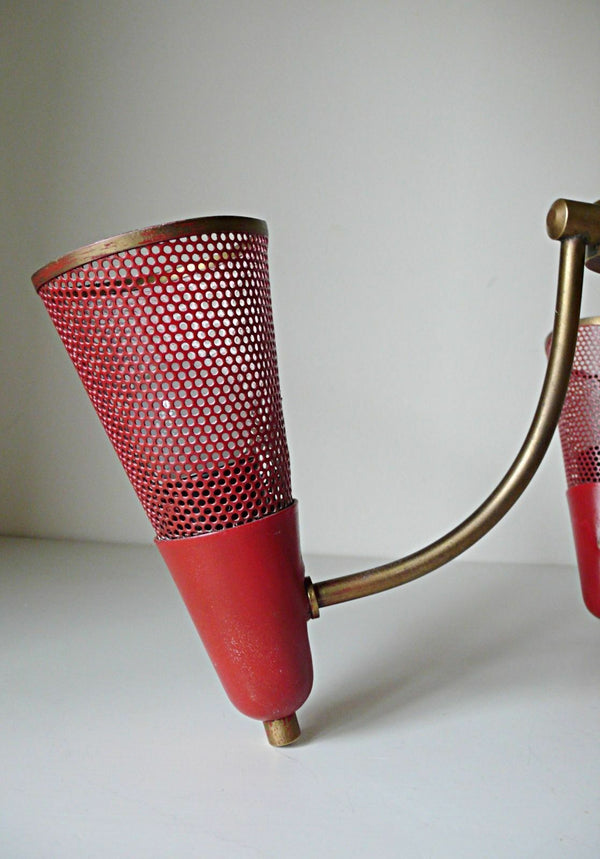 Mid century Retro perforated Metal red 3 arm MATEGOT Design chandelier