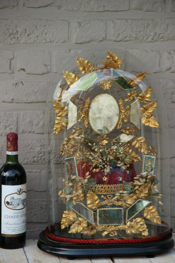 Antique Victorian Bridal wedding dome Globe Glass with tiara wax initials