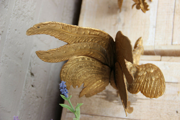 PAIR French metal gold gilt Fighting rooster figurines statues 1960