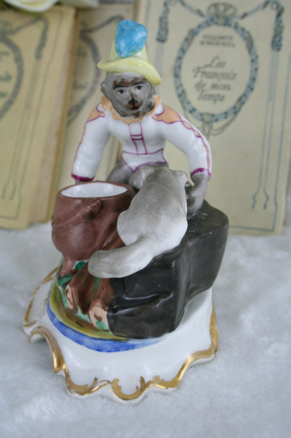 Unusual Paris Porcelain Inkstand inkwell monkey cat FRANCE 19th c petit