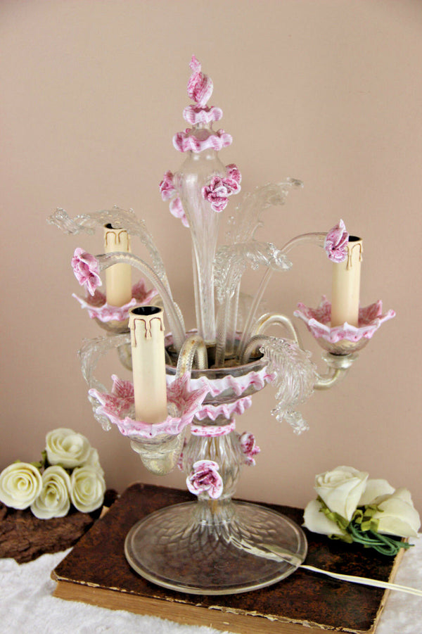 Rare Murano Venetian italian hand blown Girandole Lamp 3 arms pink clear glass