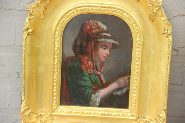 Gorgeous PAIR antique French Portrait oil panel painting putti angel frame rare