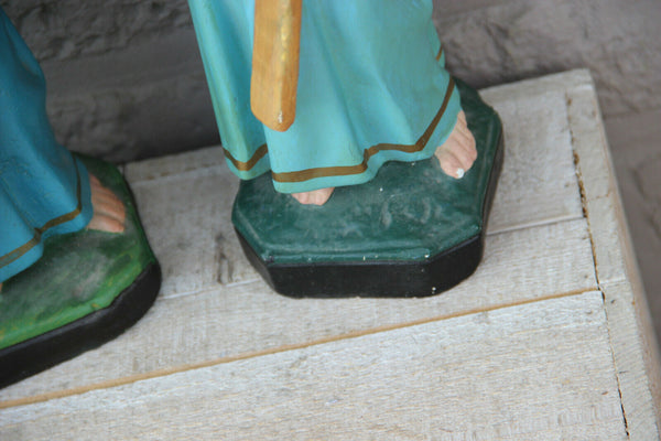 PAIR antique French chalkware Child Jesus Figurine statue with crucifix