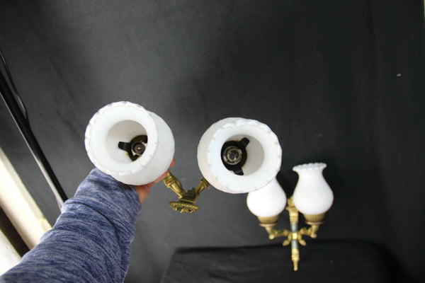 PAIR French Empire white louis XV glass shades Bronze swan wall lights sconces