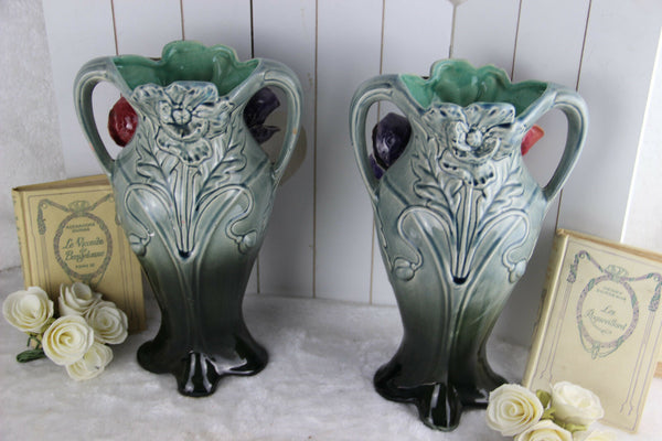 PAIR ART NOUVEAU Barbotine flower Vases 1900 French antique