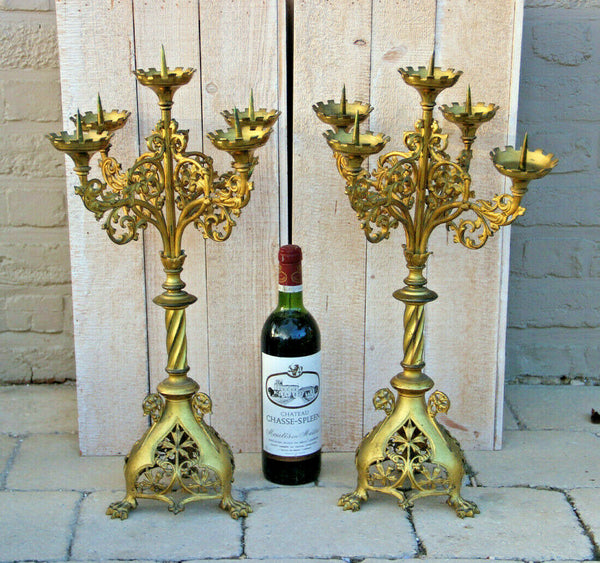 Antique church altar 5 arm neo gothic bronze lion paws candelabras religious