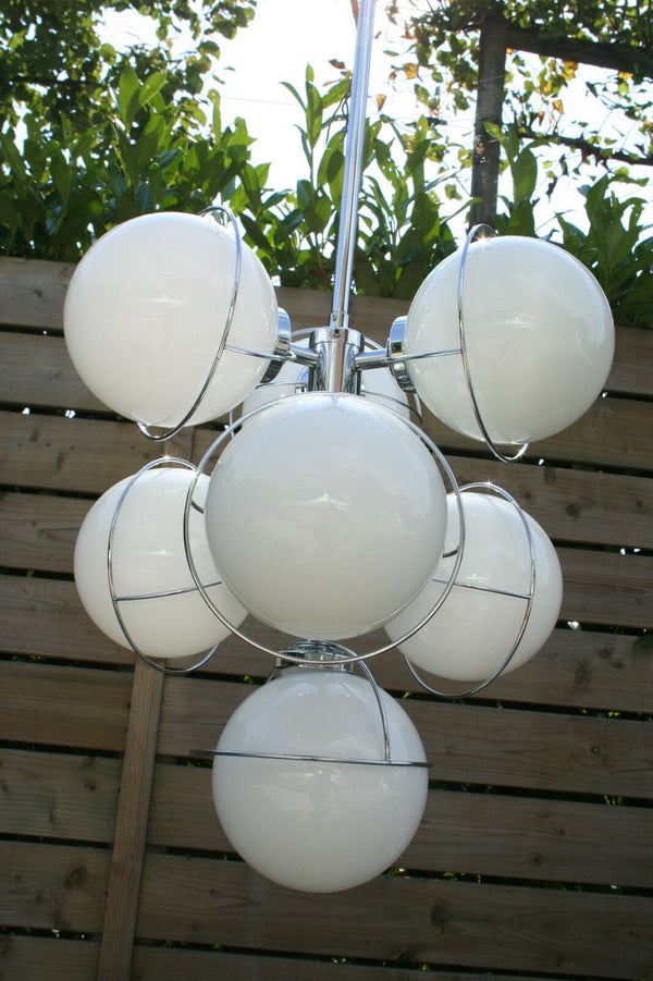 Retro Mid-century Chrome 7 opaline glass globes sputnik atomic chandelier 70's
