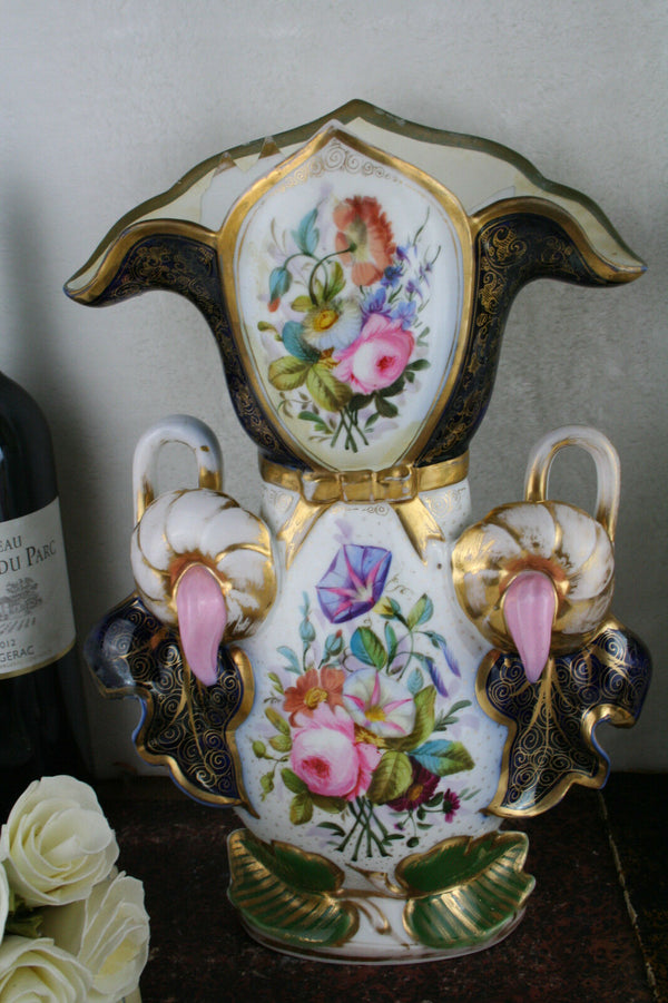 PAIR 19thC antique Bayeux Paris porcelain floral hand paint decor French Vases