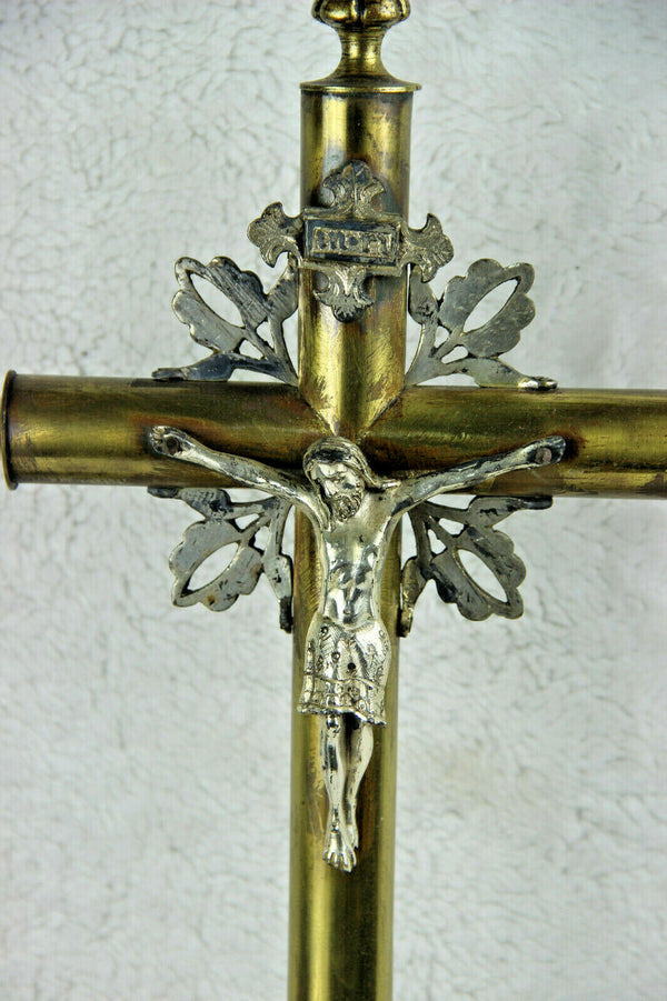 Antique XL French Altar religious 19thc Brass bronze Crucifix dragon heads base