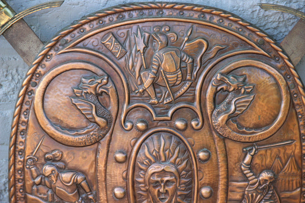 Vintage French Wall armor Shield Copper relief Dragon Battle scene 1960