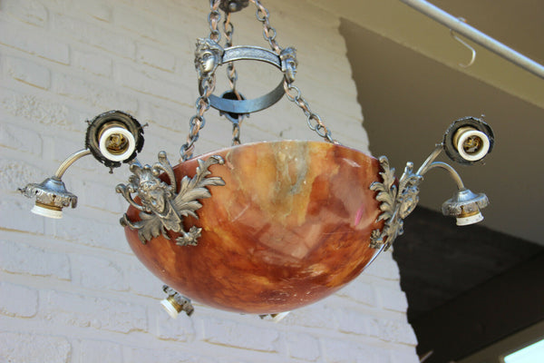 Antique French Alabaster Amber Coupe bowl  Caryatid heads chandelier