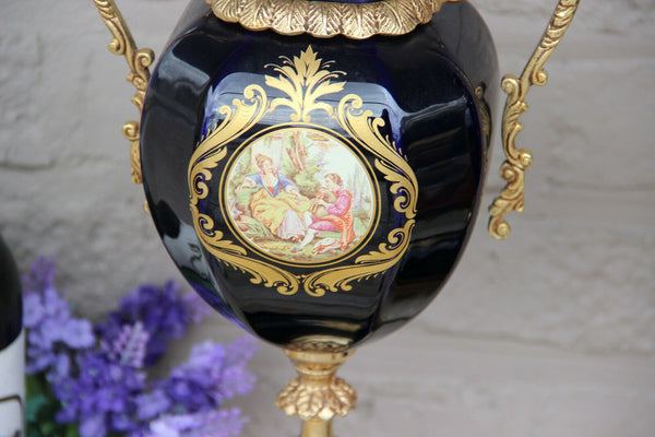 Pair French Limoges cobalt blue Victorian romantic scene Vases 1960 marked