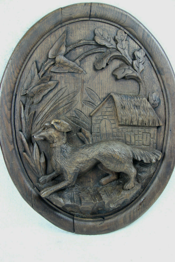 PAIR Antique black forest Wood carved oval plaques panel Dog fox hunting scene