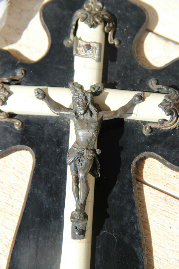 Antique French religious Crucifix cross christ wood black lacquered napoleon III