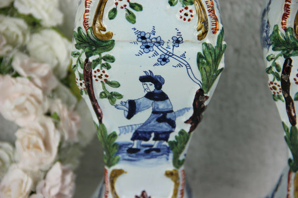 PAIR 18thc antique DELFT pottery chinoiserie foo dog lid vases marked