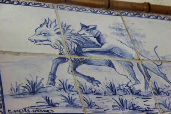 Antique Portugese Ceramic tiles serving tray plate hunting dog catching boar