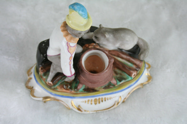 Unusual Paris Porcelain Inkstand inkwell monkey cat FRANCE 19th c petit