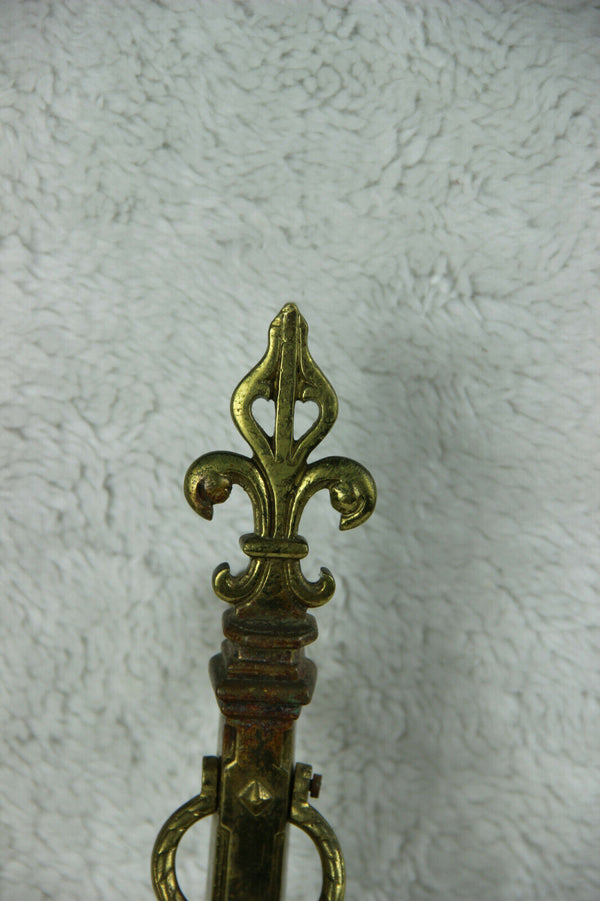 PAIR antique Bronze fleur de lys French fireplace andirons shields armor
