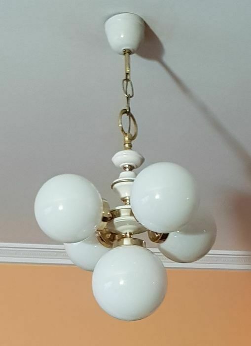 Vintage French 1970 opaline glass globe sputnik retro chandelier pendant