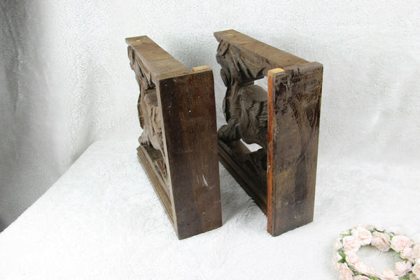 PAIR antique black forest wood carved Chimaera Griffin mythological figurine