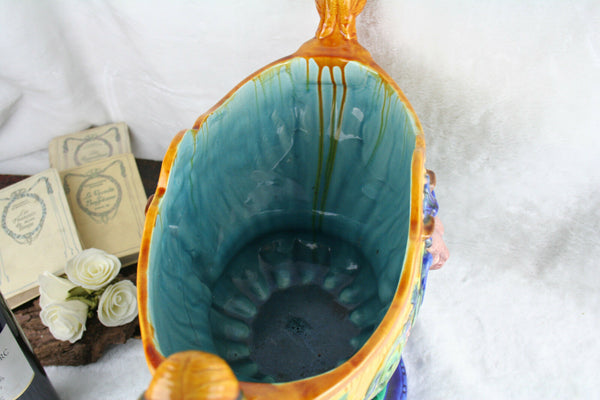 French Art nouveau 1900 Caryatid Lion head Barbotine majolica Planter Vase n1