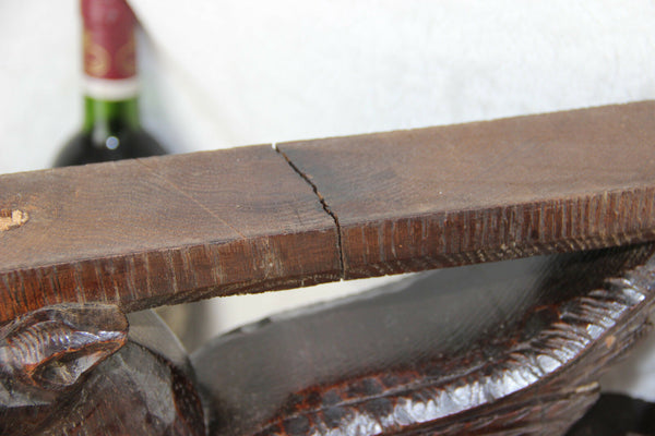 PAIR XL antique black forest wood carved Chimaera Griffin mythological figurine