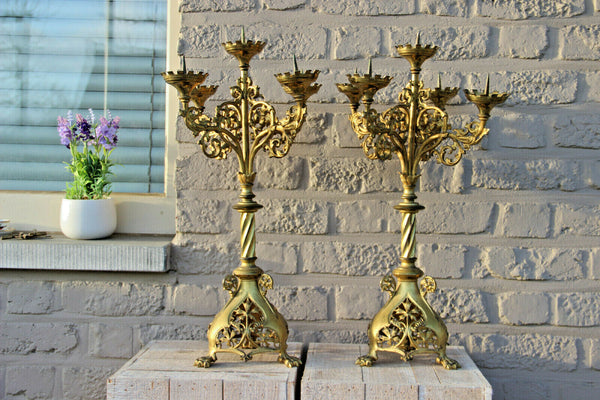 Antique church altar 5 arm neo gothic bronze lion paws candelabras religious