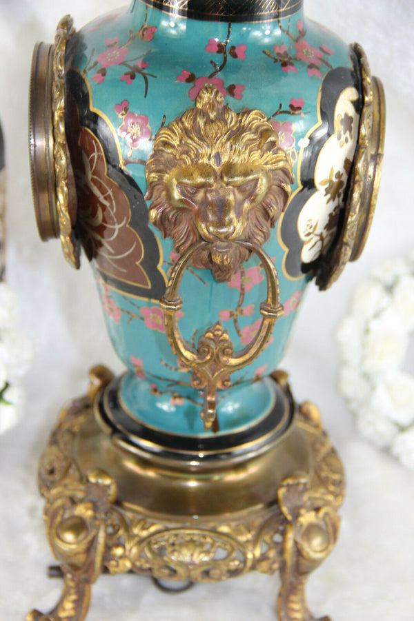 French antique Clock faience Polychrome bird dragon chimaera top lion heads