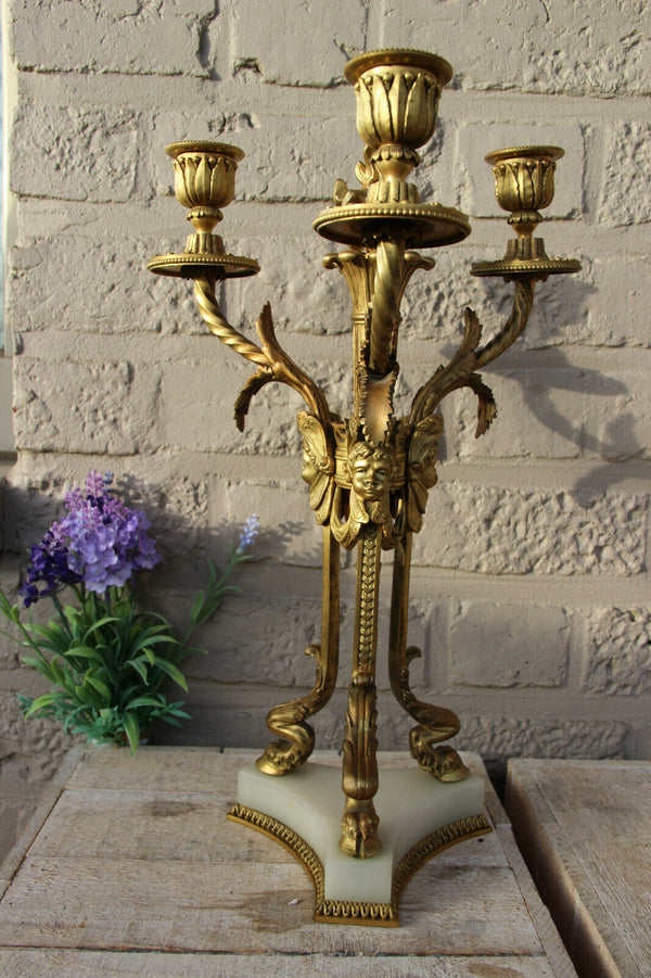 Antique Empire French bronze onyx marble Ram paws putti angels candle holder