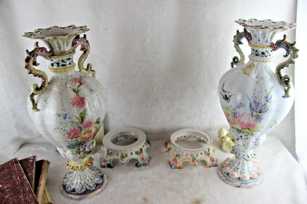 HUGE pair French 1900 marked faience porcelain sea horse dragon vases floral
