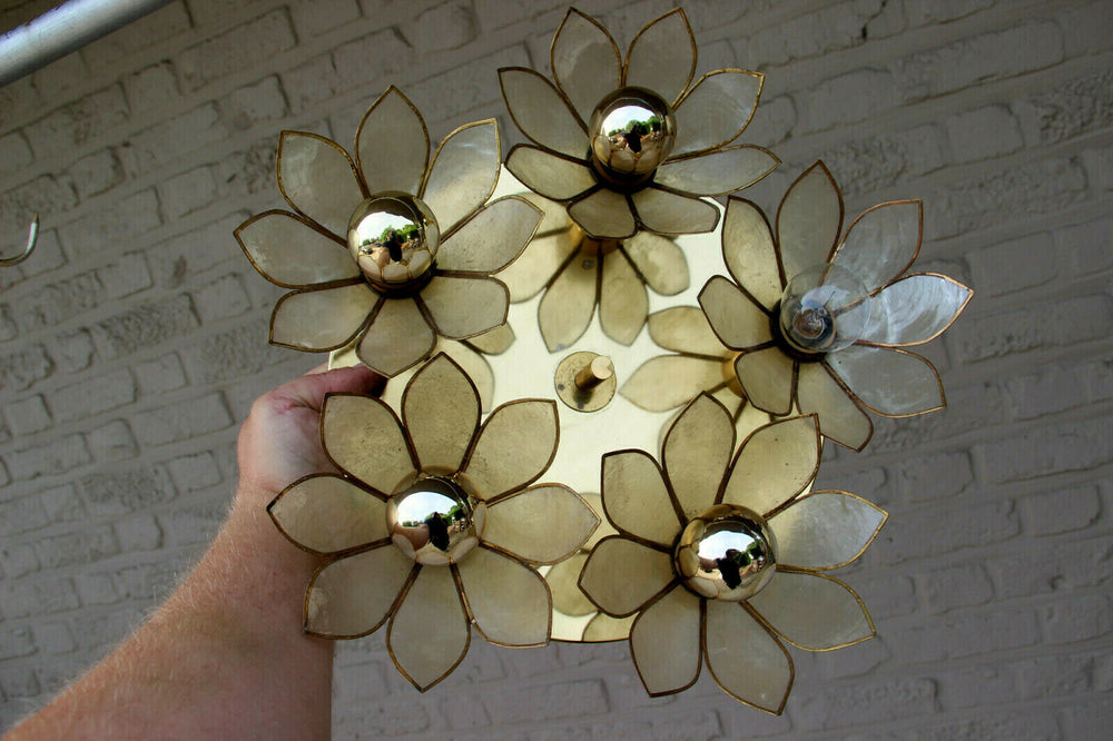 Mid century BOULANGER Mother pearl nacre Lotus flower Flush mount chandelier
