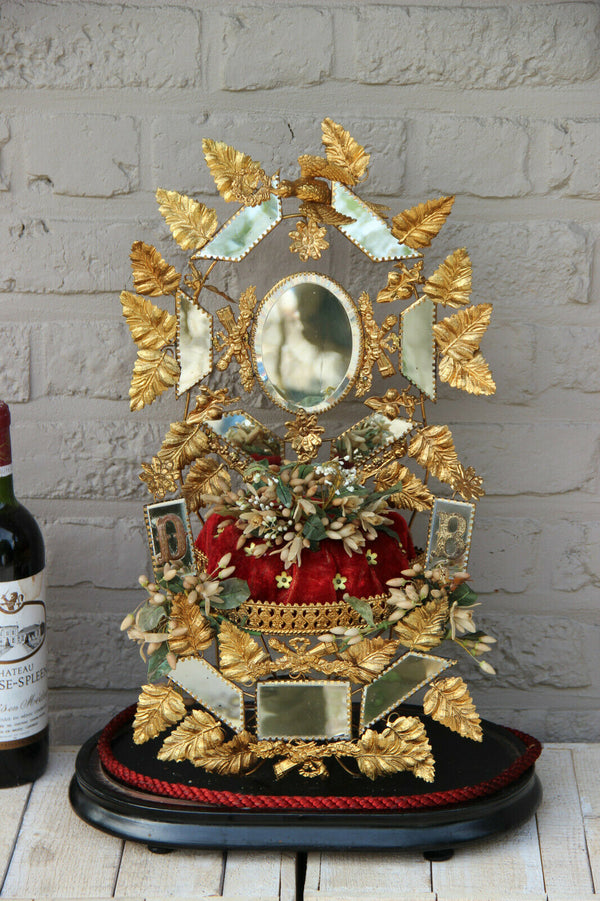 Antique Victorian Bridal wedding dome Globe Glass with tiara wax initials