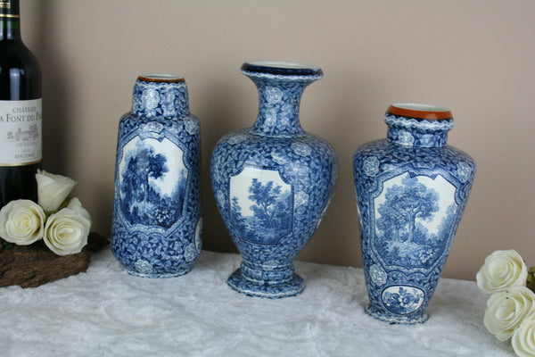 SET 3 Antique Royal bonn Blue white flamand decor nature theme Vases marked