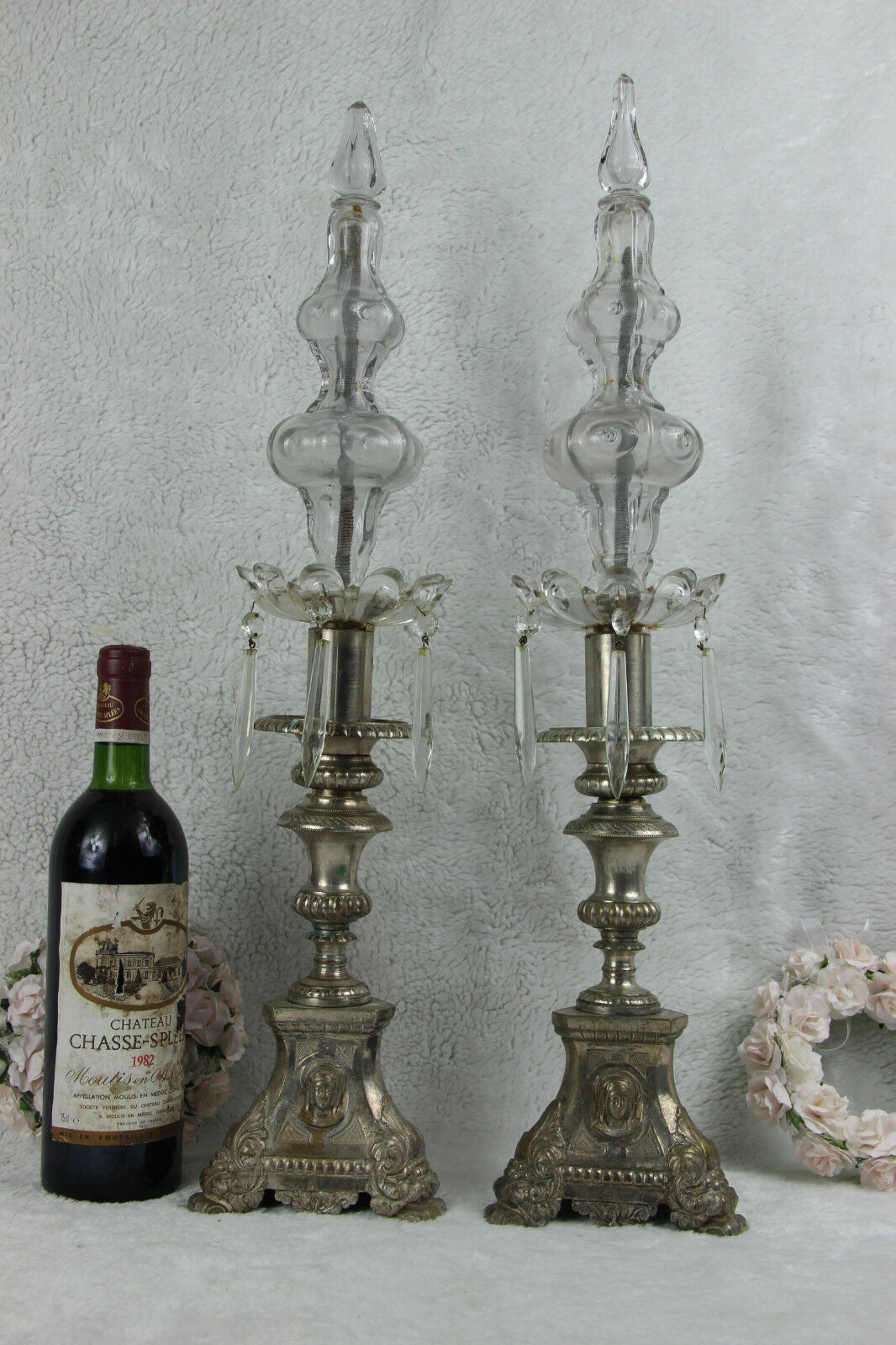 PAIR antique religious Bronze Candlesticks church crystal glass portrait heads
