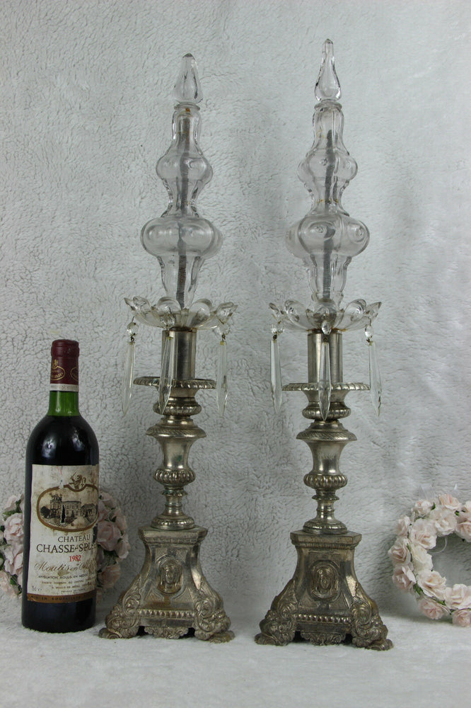 PAIR antique religious Bronze Candlesticks church crystal glass portrait heads
