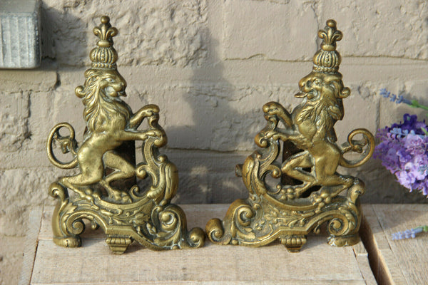 Antique French Bronze fireplace andirons firedogs royal lion kings castle