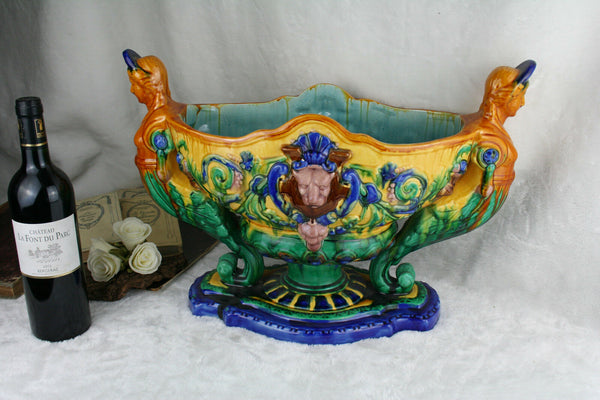 French XXL Art nouveau 1900 Caryatid Lion head Barbotine majolica Planter Vase