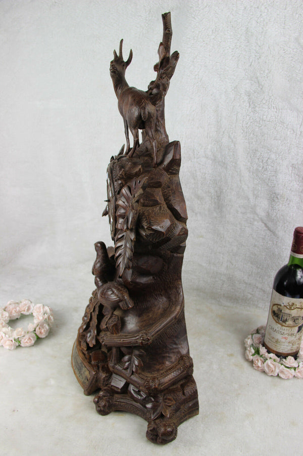 Huge BLACK FOREST wood carved 1885 Clock deer hunt birds marked