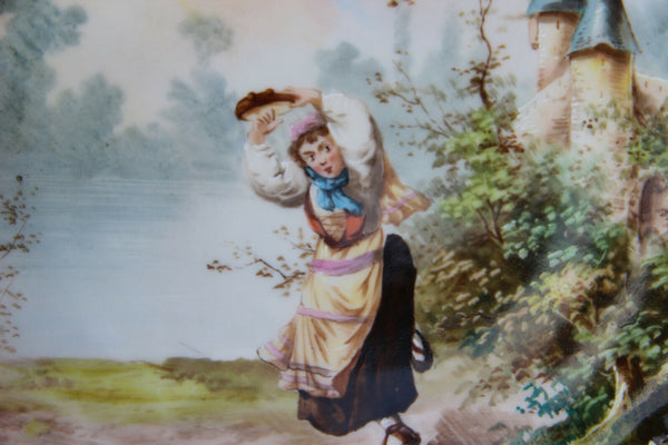 PAIR french porcelain Limoges romantic Scene boy girl castle landscape