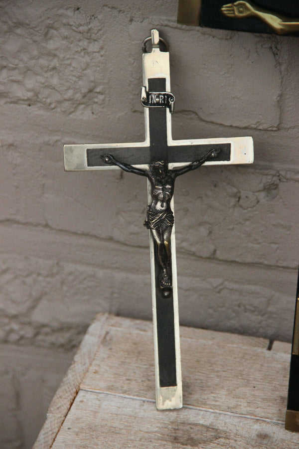 Set 3 antique french religious metal wood crucifix