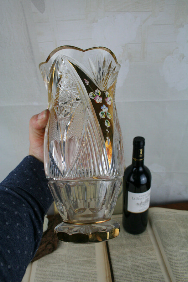 Gorgeous CRYSTAL CZECH Bohemian Vase enameled Encrusted flowers